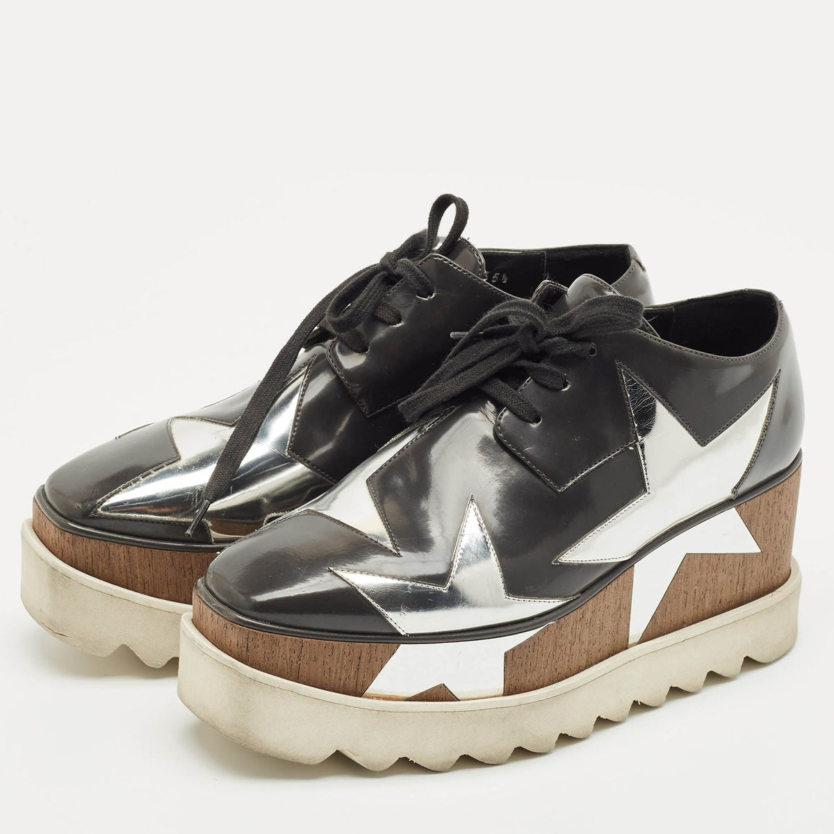 Stella McCartney Grey/Sliver Faux Leather Elyse Star Platform Lace Up Derby Size 35.5