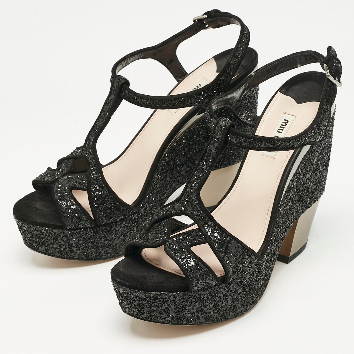 Miu Miu Black Glitter Wedge Slingback Sandals Size 41