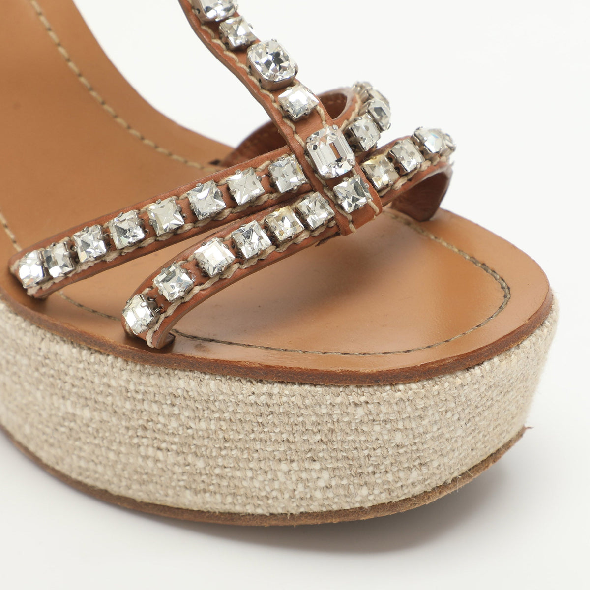 Prada Brown Leather Crystal Embellished T Strap Wedge Slingback Sandals Size 38