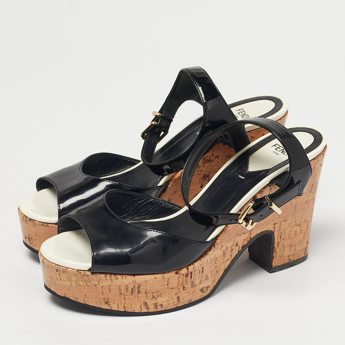 Fendi Black Patent Leather Cork Wedge Sandals Size 38.5