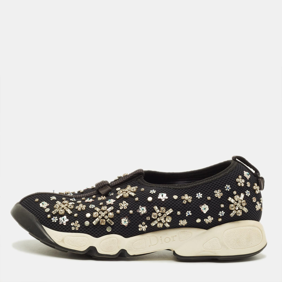 Dior Fusion Size 37 Black Mesh Crystal Embellished Low Top Sneakers