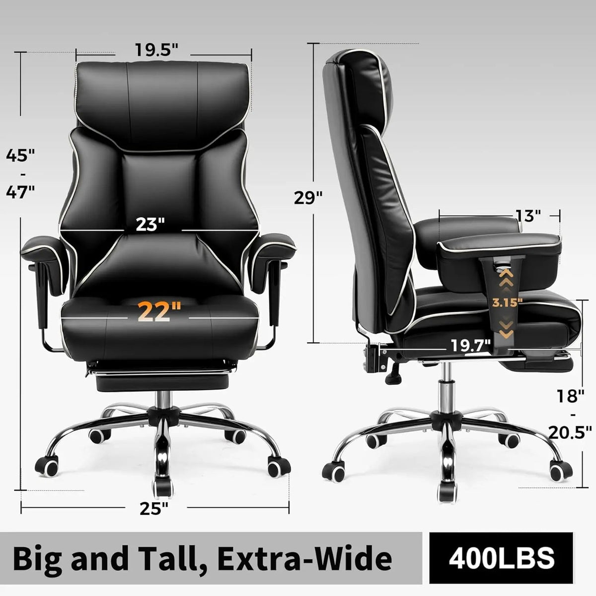 Executive High Back Leather Office Chair for Big and Tall Individuals, 400 lbs Capacity, Ergonomic Lumbar Support with Pocket Spring Cushion