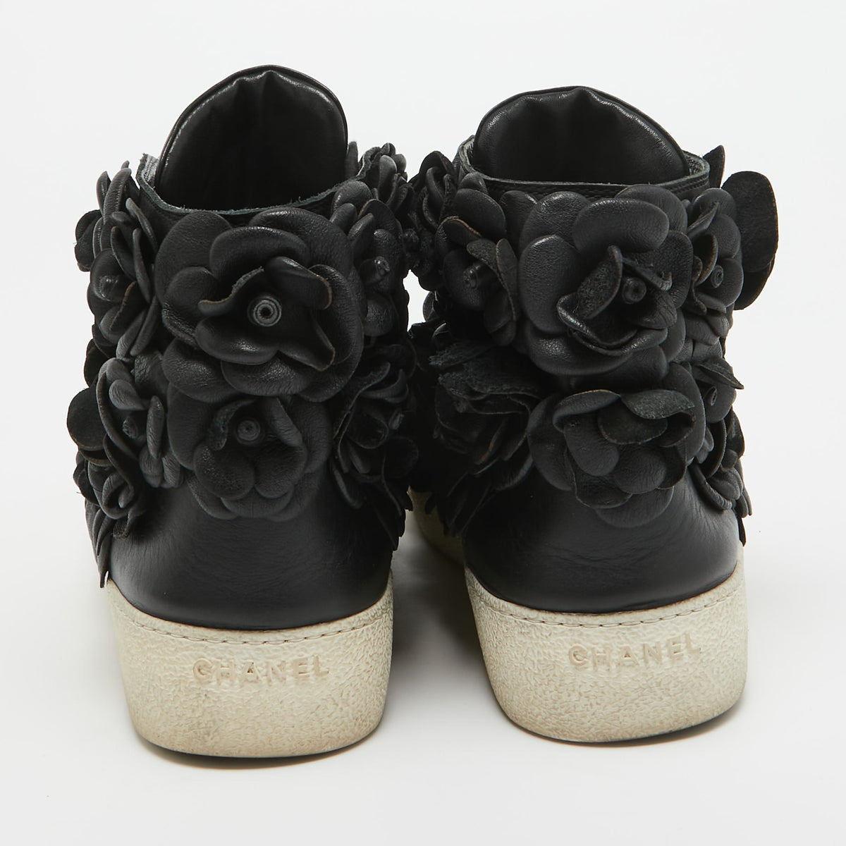 Chanel Black Leather Camelia High Top Sneakers Size 38.5