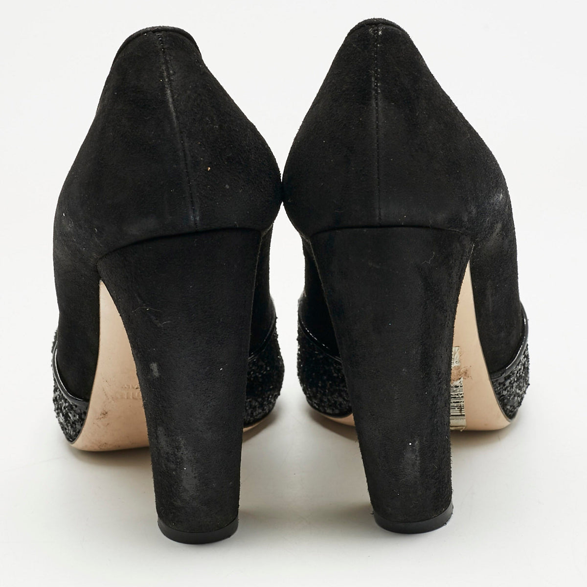 Miu Miu Black Glitter and Suede Curved Peep Toe Pumps Size 37.5