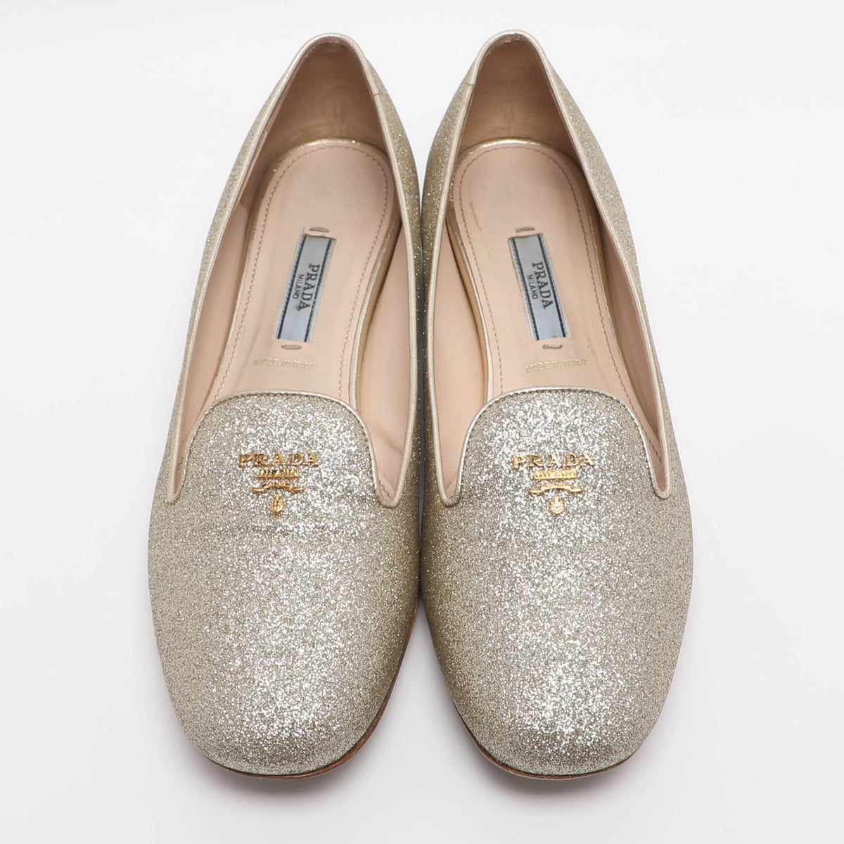 Prada Size 37.5 Gold Glitter Smoking Slippers
