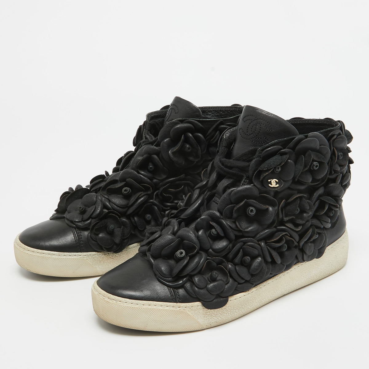 Chanel Black Leather Camelia High Top Sneakers Size 38.5