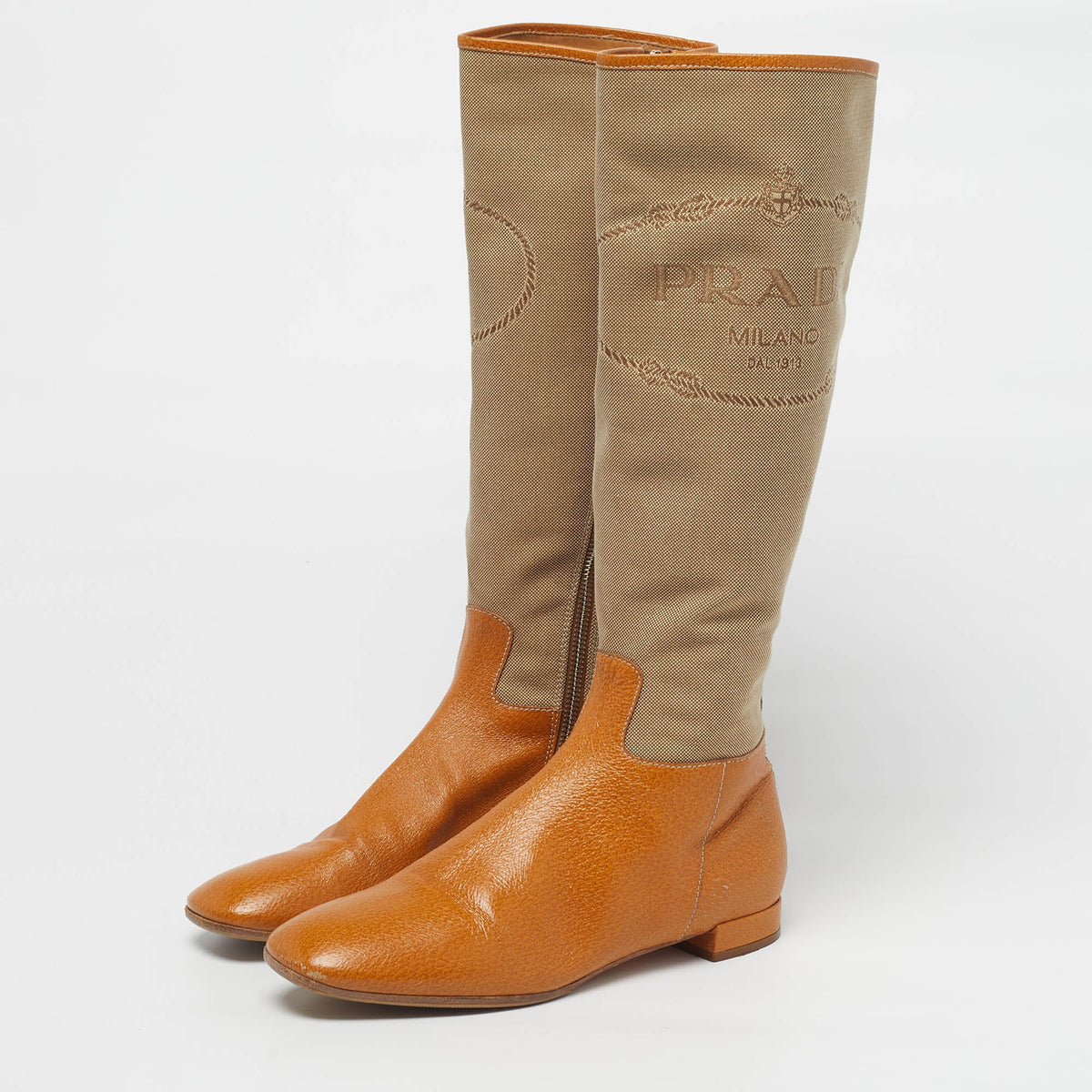 Prada Size 36.5 Brown/Beige Canvas and Leather Knee Length Boots