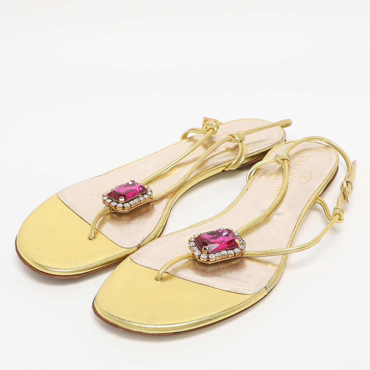 Valentino Metallic Gold Leather Embellished Flat Sandals Size 38