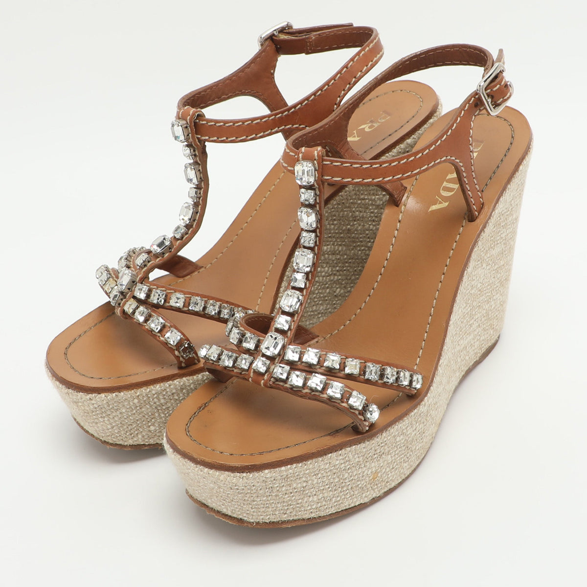 Prada Brown Leather Crystal Embellished T Strap Wedge Slingback Sandals Size 38