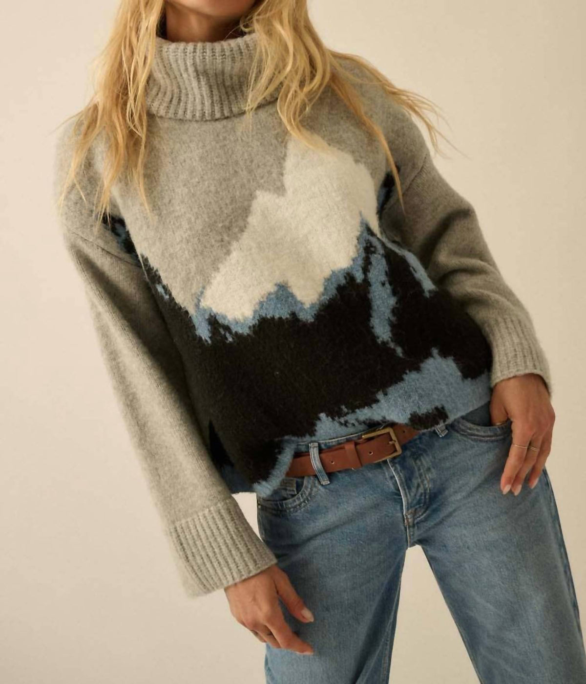 Mountains Fuzzy Jacquard-Knit Turtleneck Sweater In Heather Grey/black
