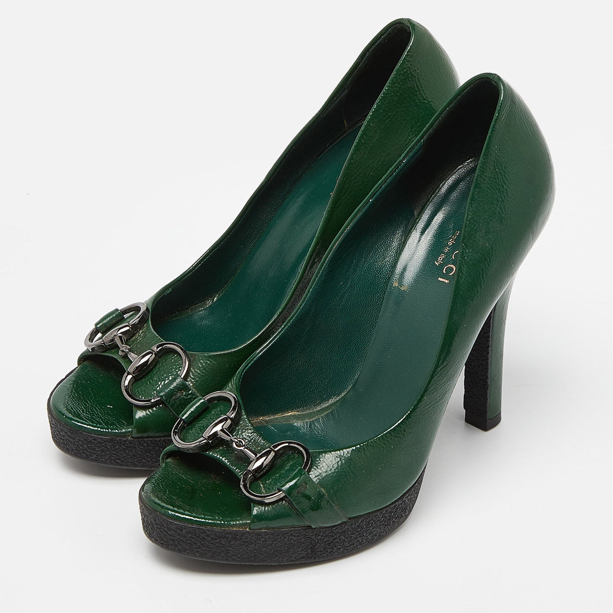 Gucci Green Patent Leather Horsebit Peep Toe Pumps Size 36
