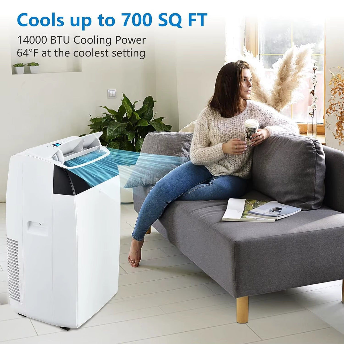 14000 BTU Portable Air Conditioner - 3-in-1 Free Standing Cooling Unit with Fan, Dehumidifier, Remote Control, and Sleep Mode