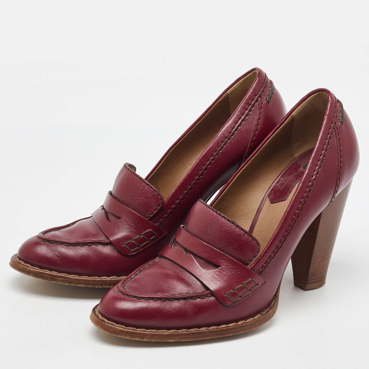 Dolce & Gabbana Burgundy Leather Block Heel Loafer Pumps Size 40