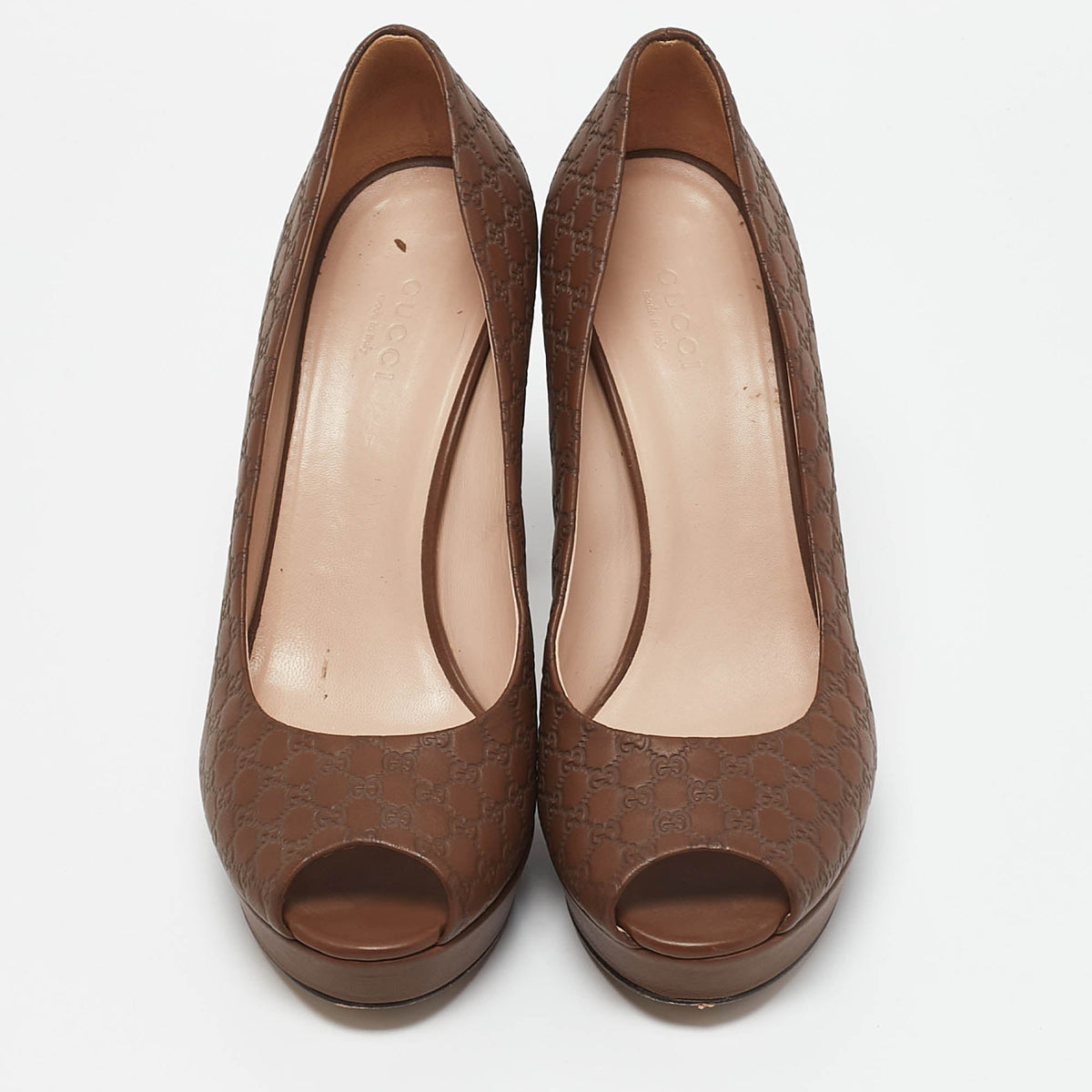 Gucci Brown Microguccissima Leather Peep Toe Platform Pumps Size 39