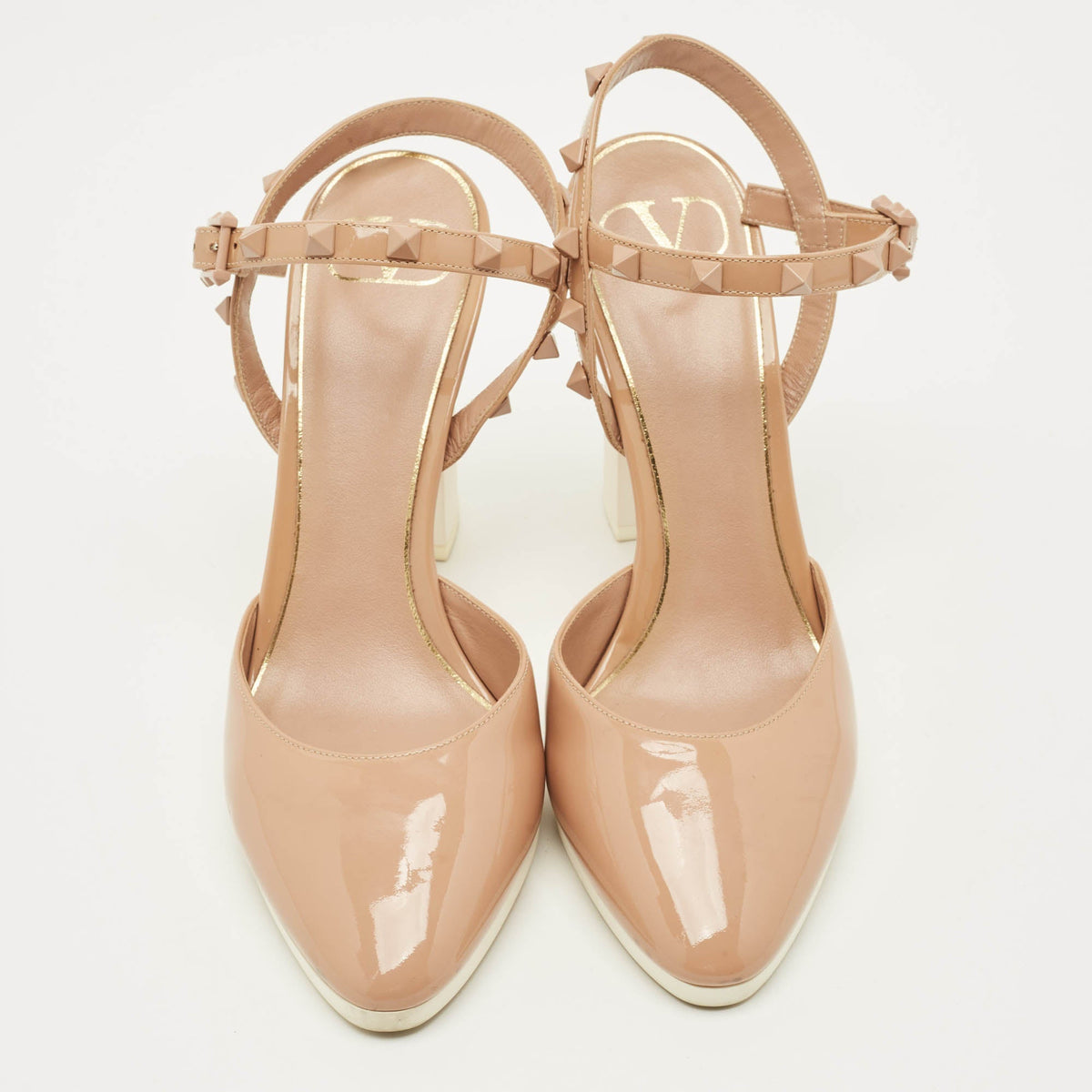Valentino Rockstud Size 37 Beige Patent Leather Ankle Strap Sandals