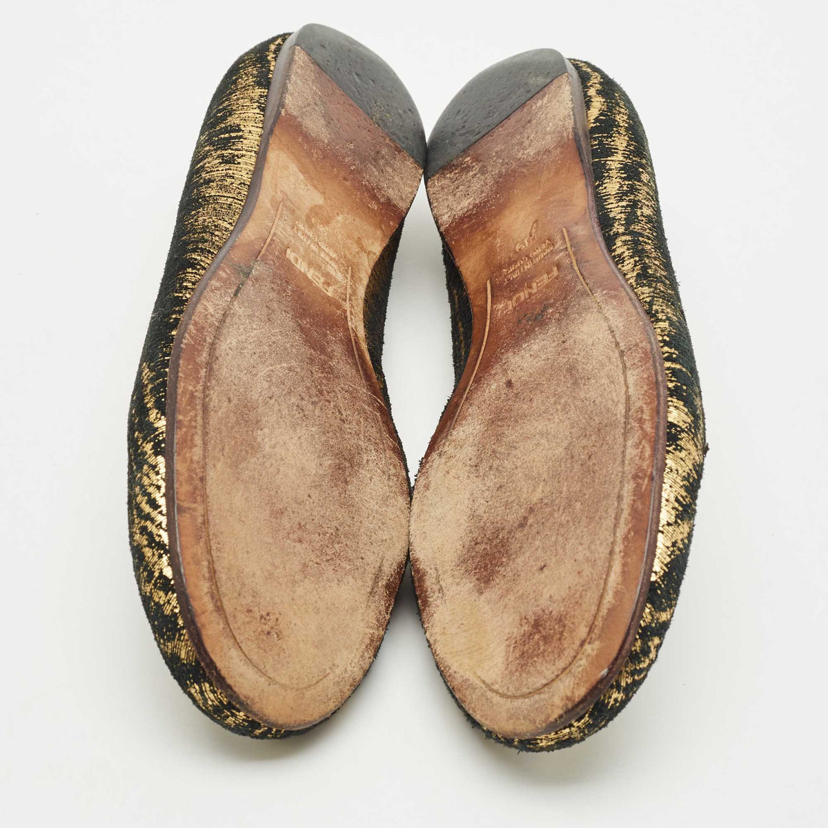 Fendi Gold/Black Textured Suede FF Charm Ballet Flats Size 39