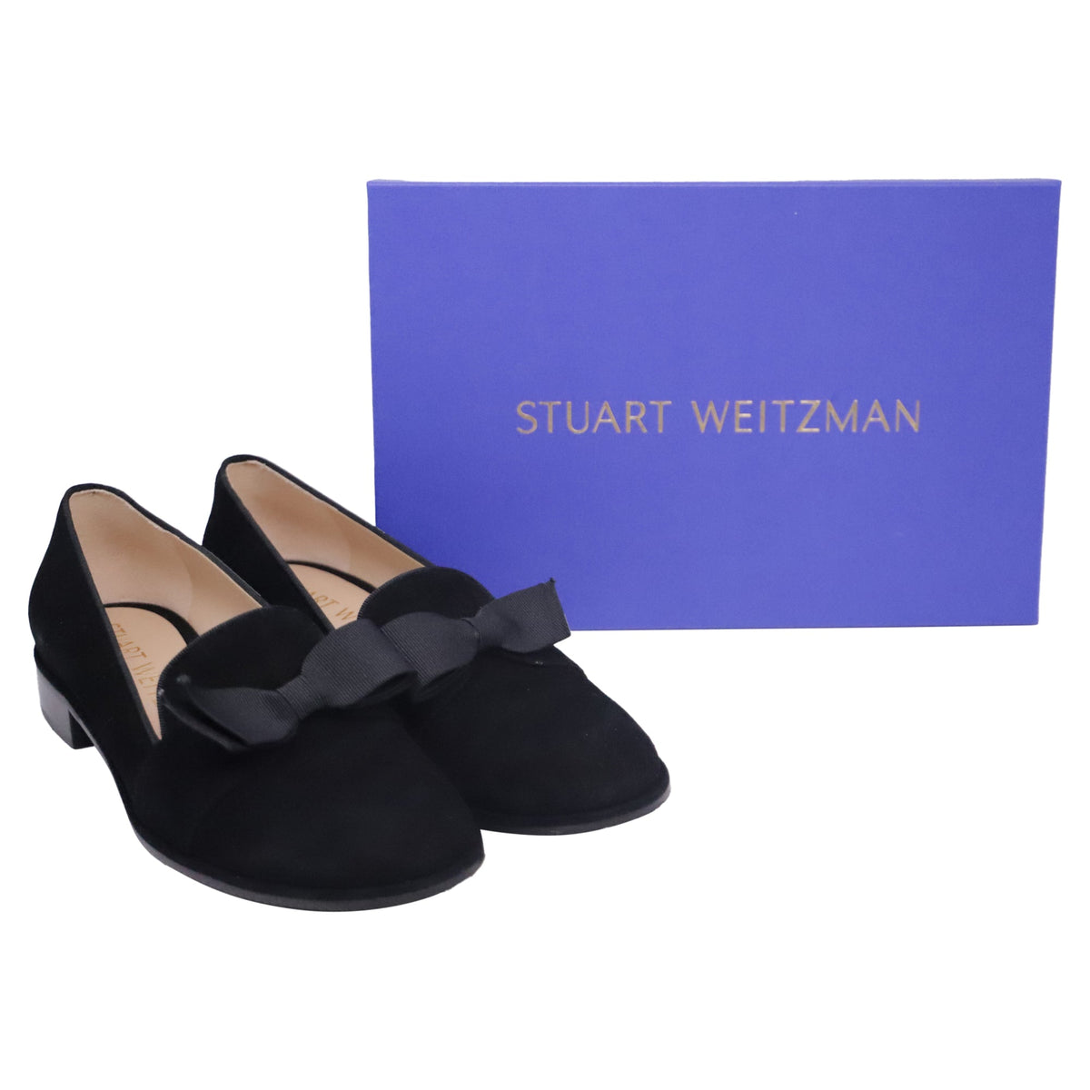 Stuart Weitzman Keegan Bow Flat Loafers in Black Suede
