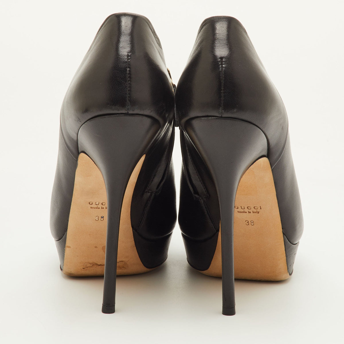 Gucci Size 38 Black Leather Peep Toe Platform Ankle Length Boots