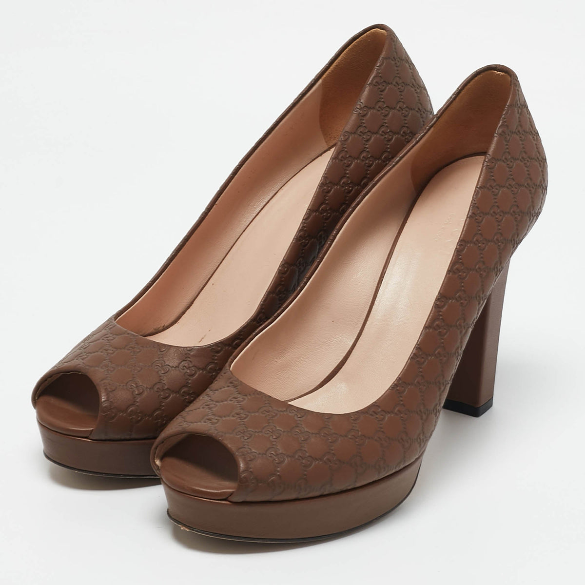 Gucci Brown Microguccissima Leather Peep Toe Platform Pumps Size 39