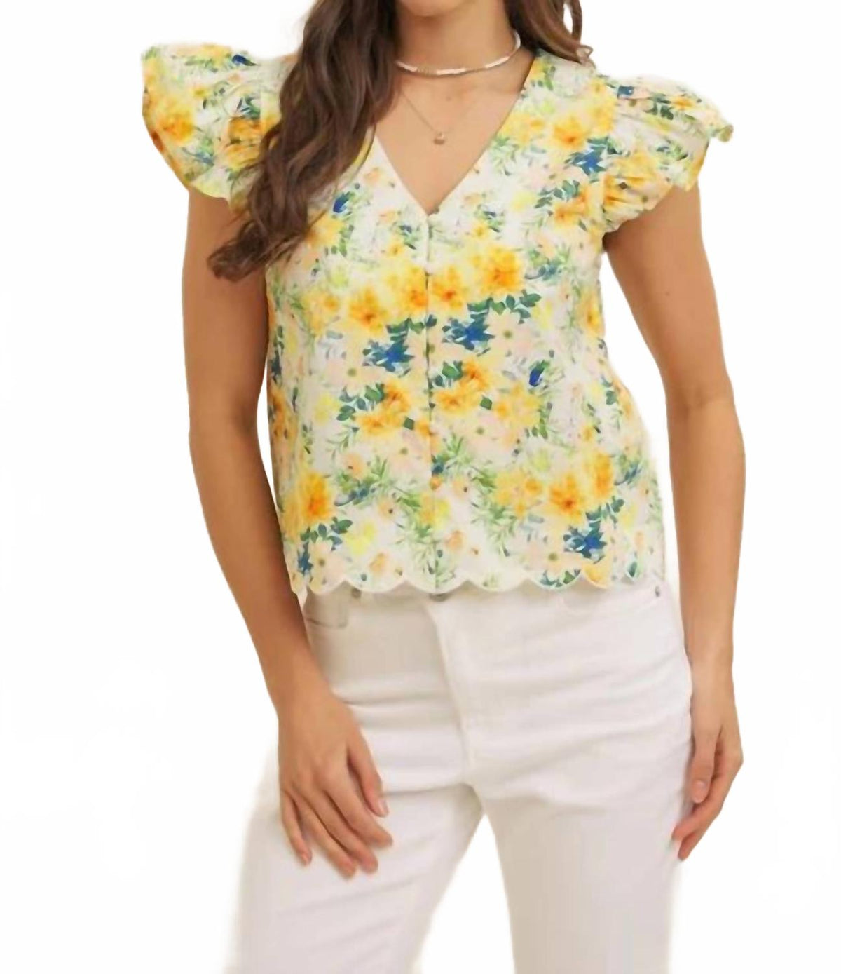 Floral Flutter Sleeve Blouse Top In Yellow