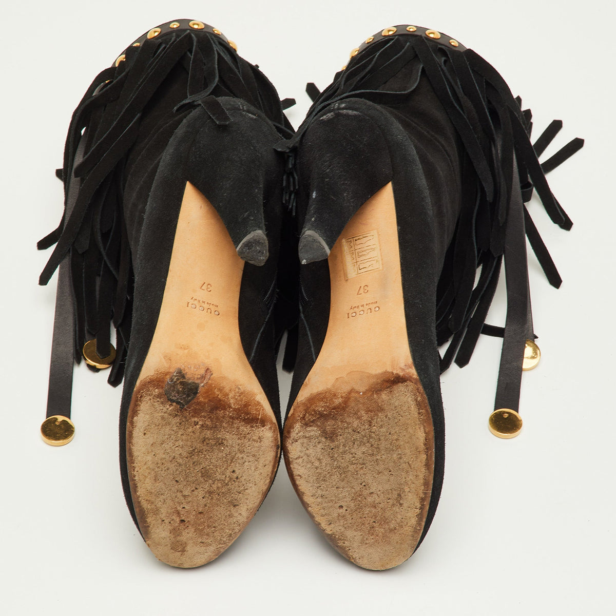 Gucci Size 37 Black Suede Studded Fringe Mid Calf Boots