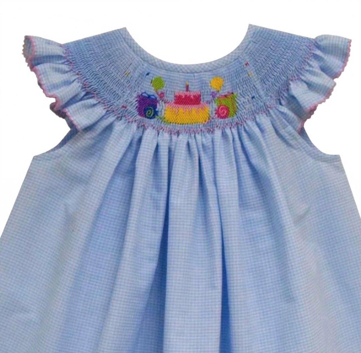 Girls' Birthday Smocked Angel Wing Bishop Dress In Light Blue Gingham