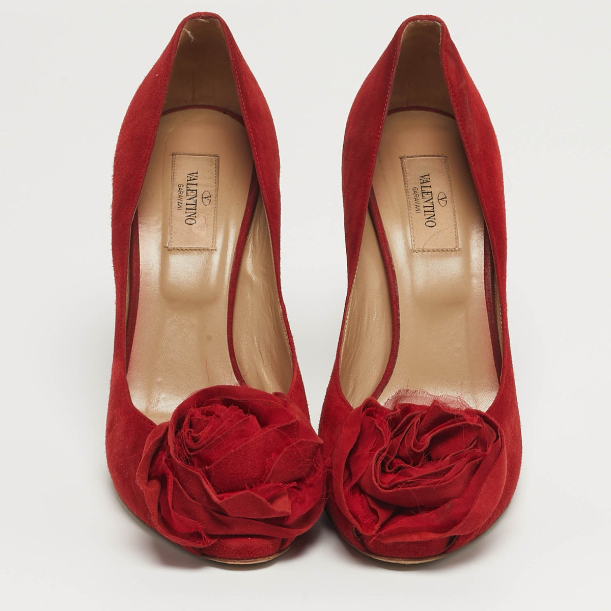 Valentino Rose Applique Size 39 Red Suede Peep Toe Pumps