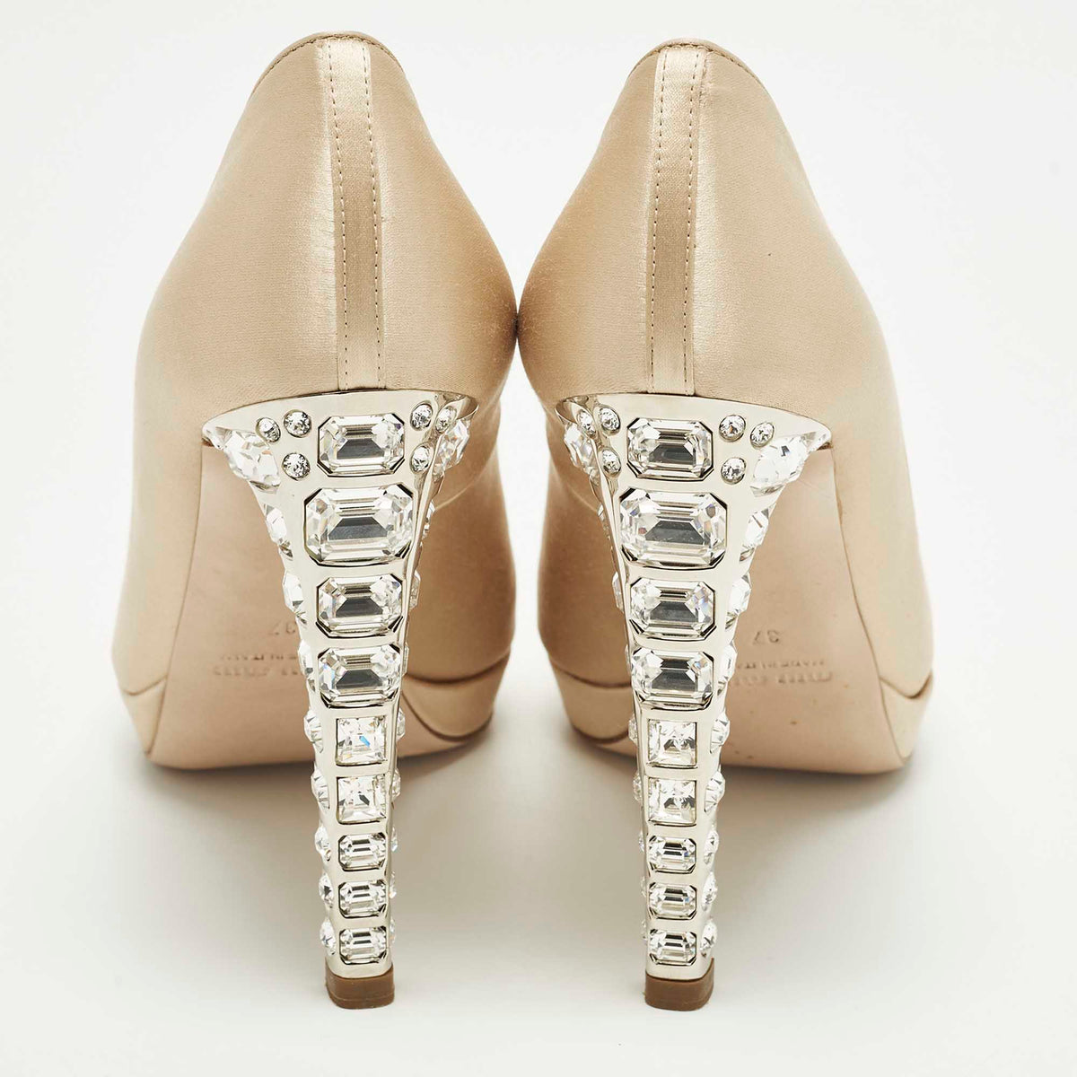 Miu Miu Size 37 Cream Satin Crystal Embellished Heel Platform Peep Toe Pumps