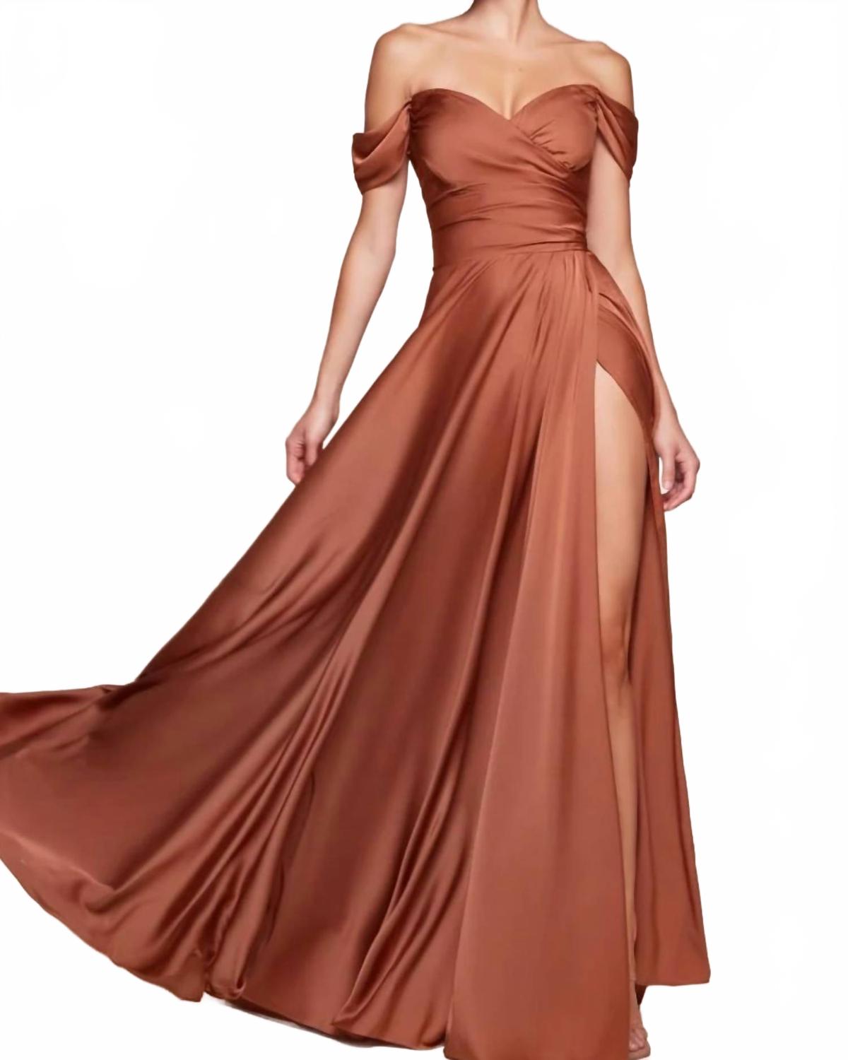 Off-Shoulder Satin A-Line Dress In Sienna