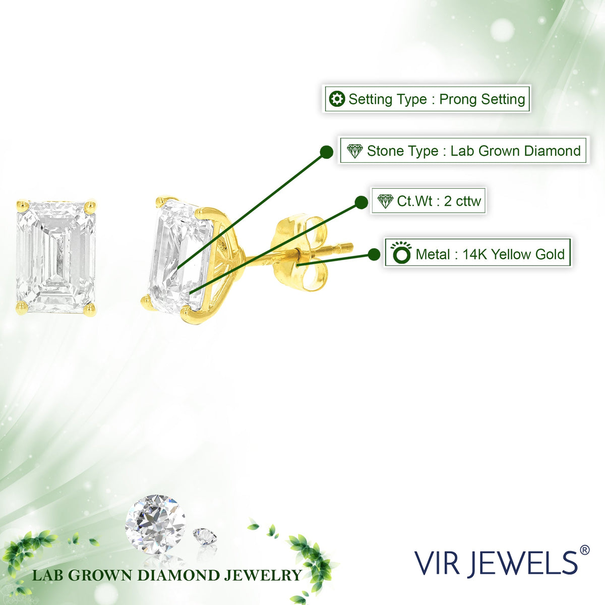 2 cttw Emerald Lab Grown Diamond Stud Earrings in 14K Gold With Push Backs For Women