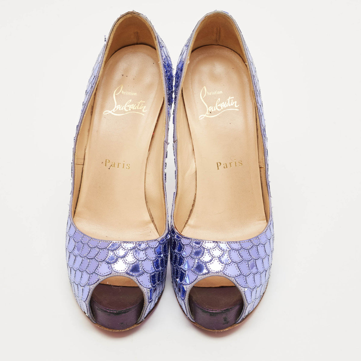 Christian Louboutin Poseidon Size 36.5 Purple  Scaled Leather Peep Toe Pumps
