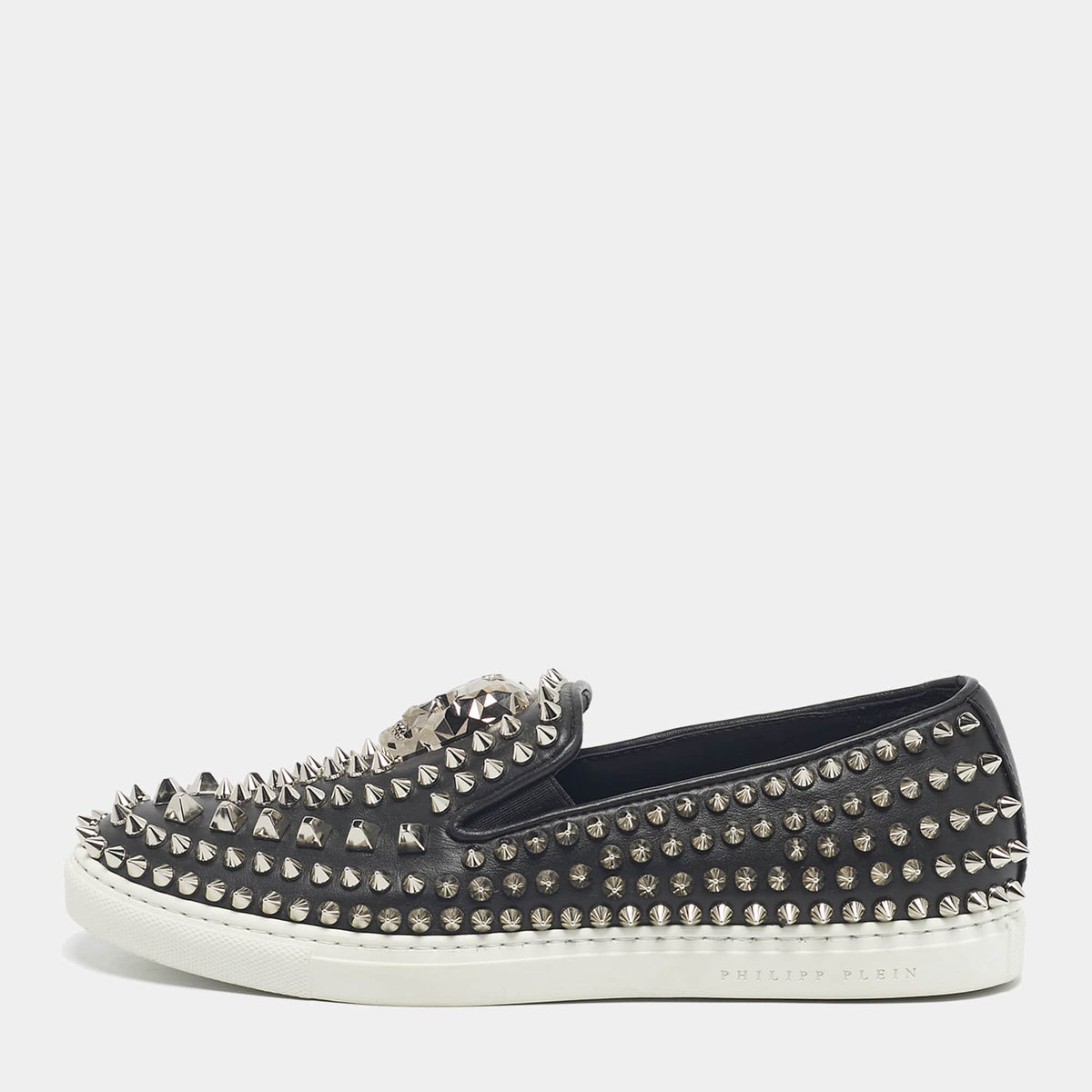 Philipp Plein Black Leather Studded Skull Slip On  Sneakers Size 37