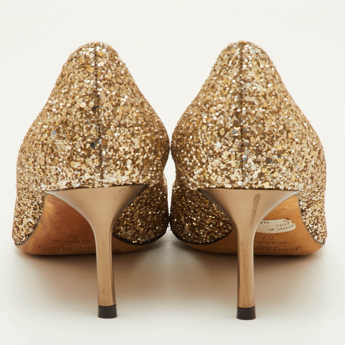 Jimmy Choo Romy Size 37 Metallic Gold Coarse Glitter Pointed Toe Pumps