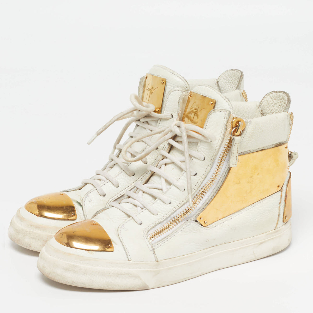 Giuseppe Zanotti Size 38.5 White Leather Metal Embellished Double Zip High Top Sneakers