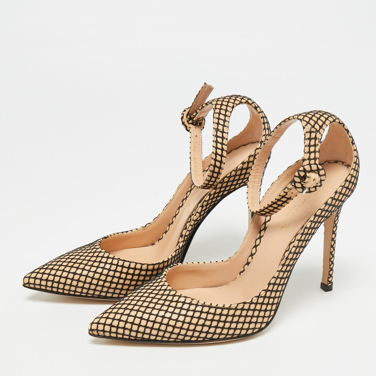 Gianvito Rossi  Beige/Black Leather Fishnet Ankle Strap Pumps Size 35.5