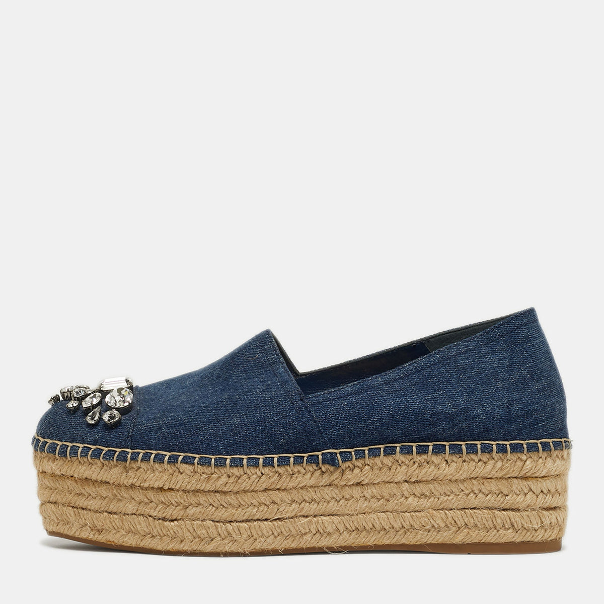 Miu Miu Size 38 Blue Denim Crystal Embellished Espadrille Platform Wedge Flats