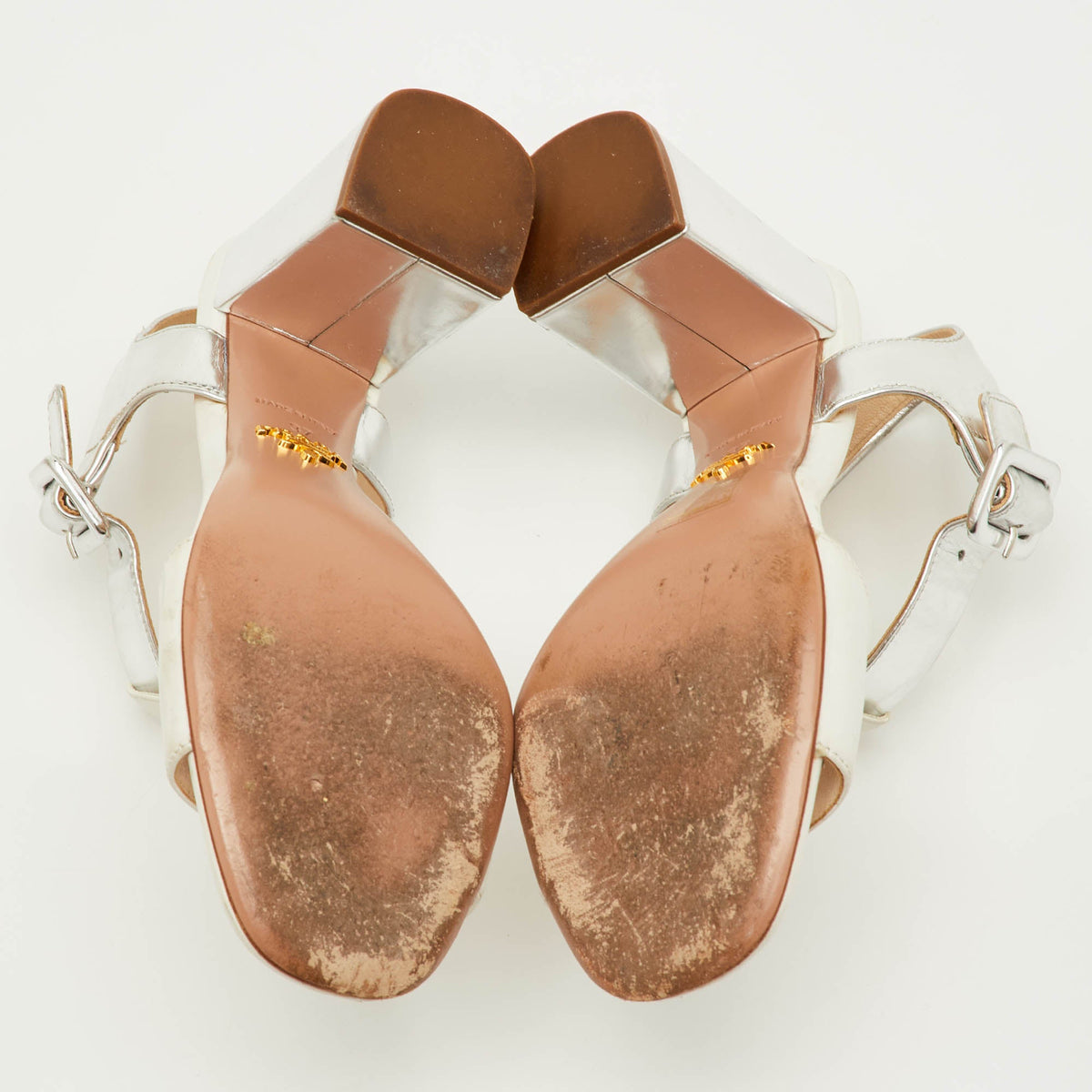 Prada Size 37 White/Silver Leather Block Heel T-Strap Sandals