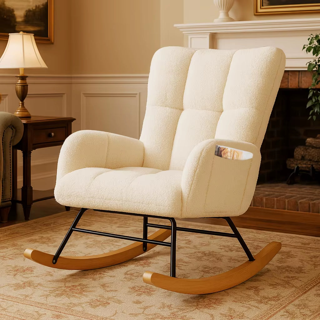 Teddy Glider Rocking Chair with Side Pockets, High Back Design for Adults - Ideal for Bedroom and Living Room