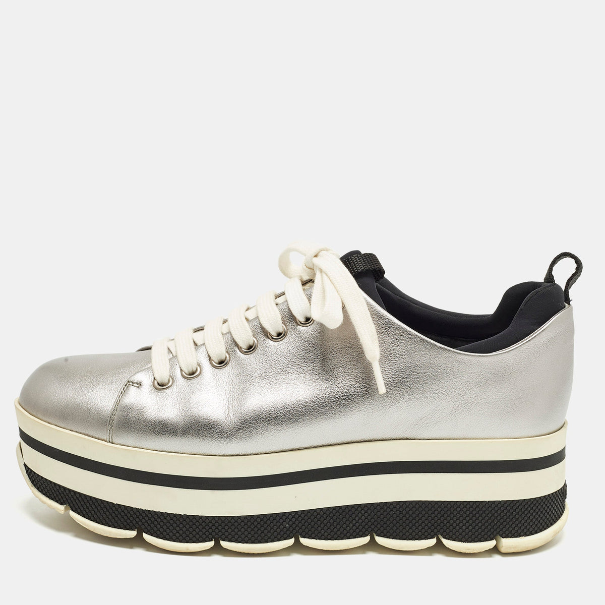 Prada Size 38.5 Silver Leather Platform Lace Up Sneakers