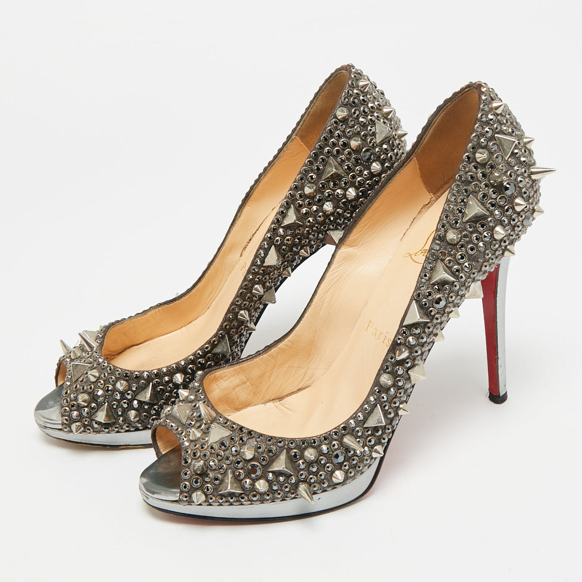 Christian Louboutin Size 38.5 Silver Glitter Peep Toe Pumps