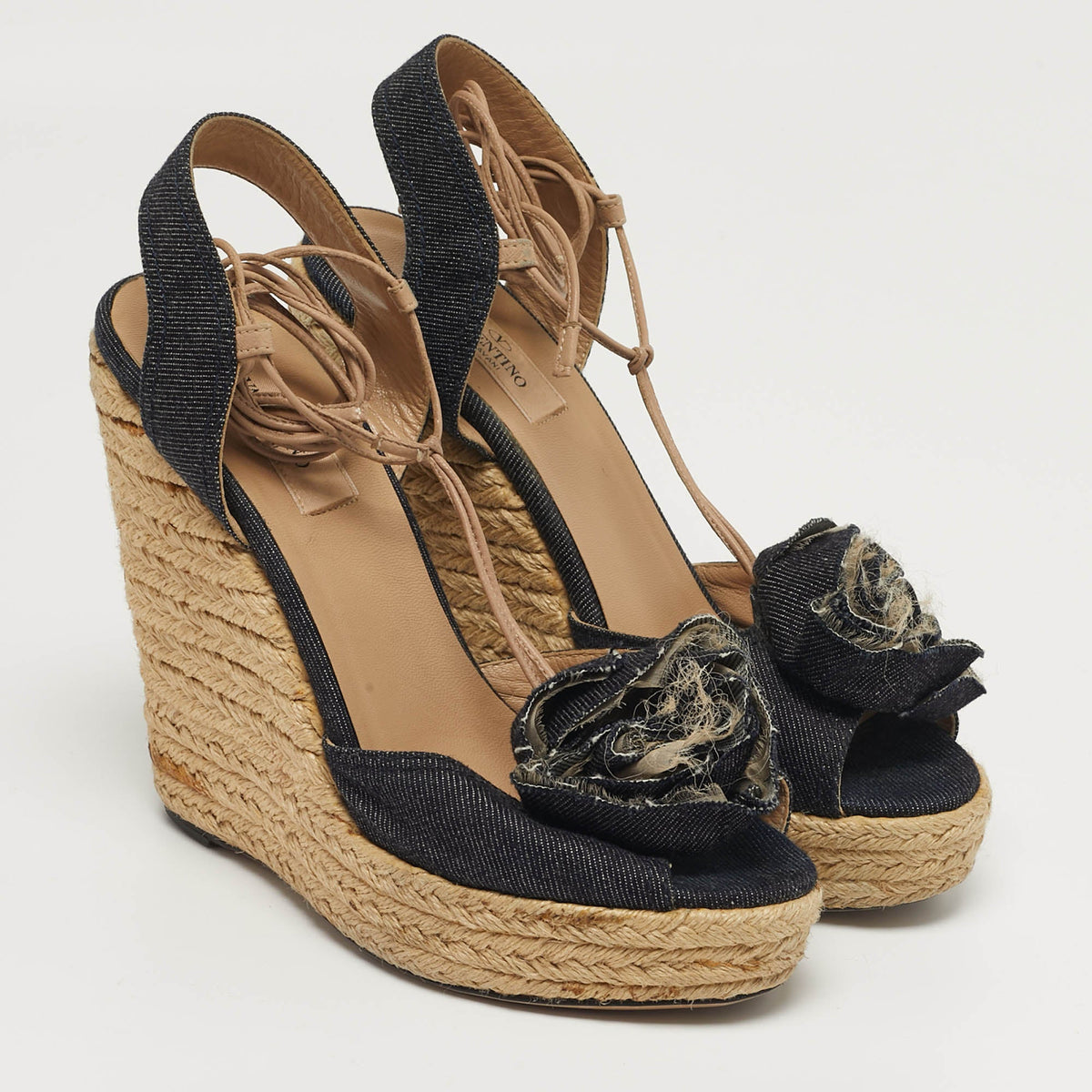 Valentino Flower Applique Size 38.5 Navy Blue Denim Espadrille Wedge Sandals