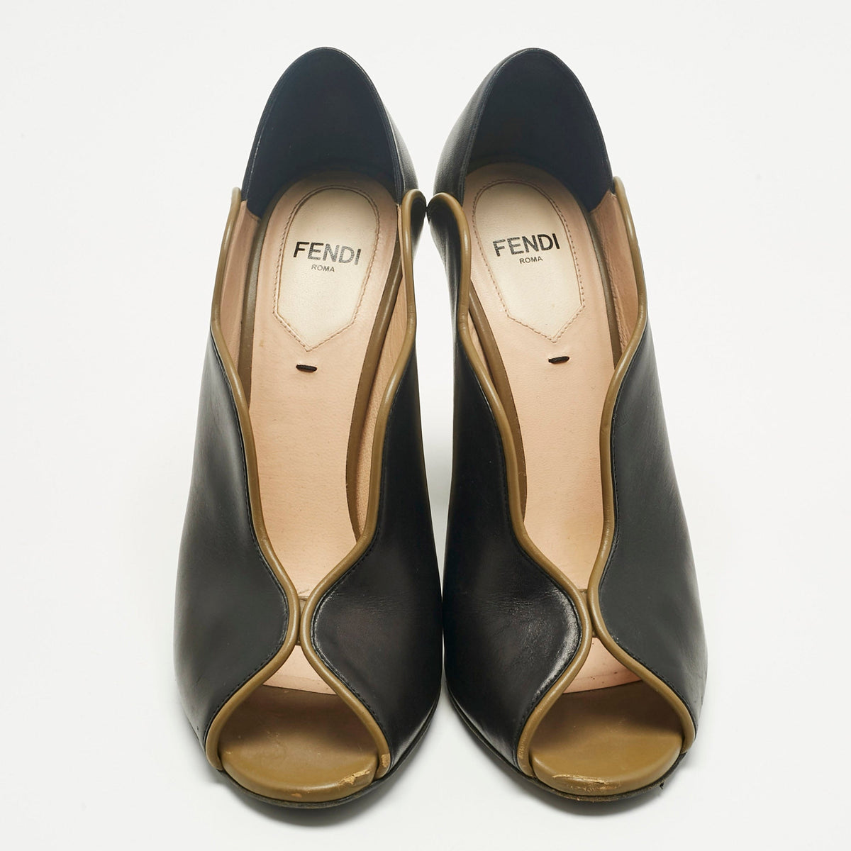 Fendi Black Leather Scallop Lined Peep Toe Pumps Size 37