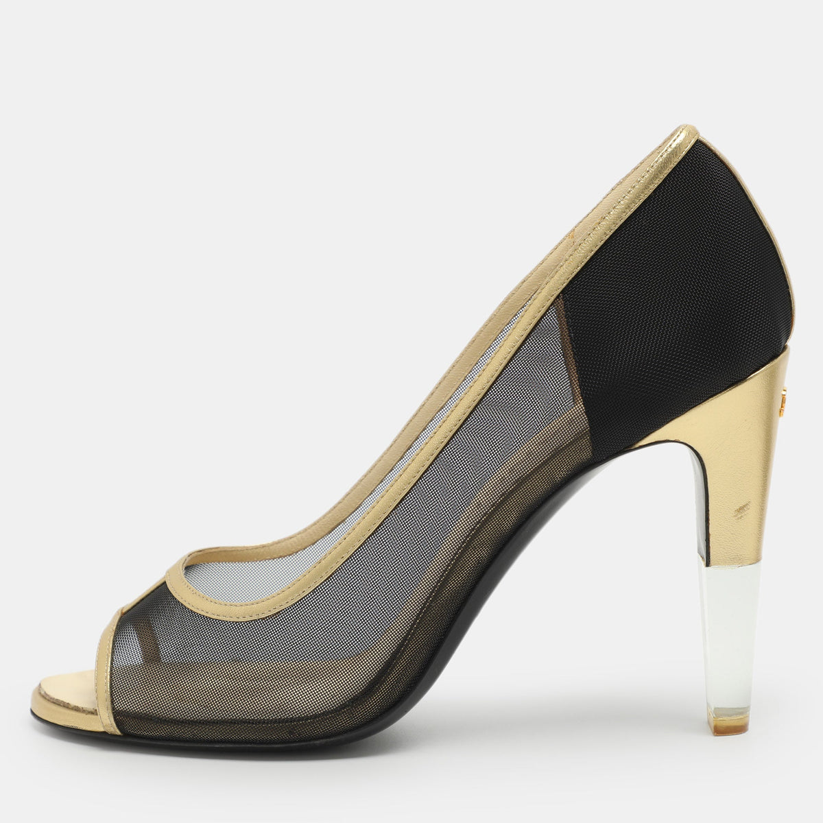 Chanel CC Size 37.5 Black/Gold Leather and Mesh Peep Toe Pumps