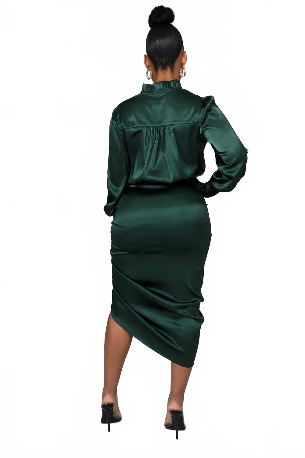 Opulence Long Sleeve Satin Midi Dress In Green