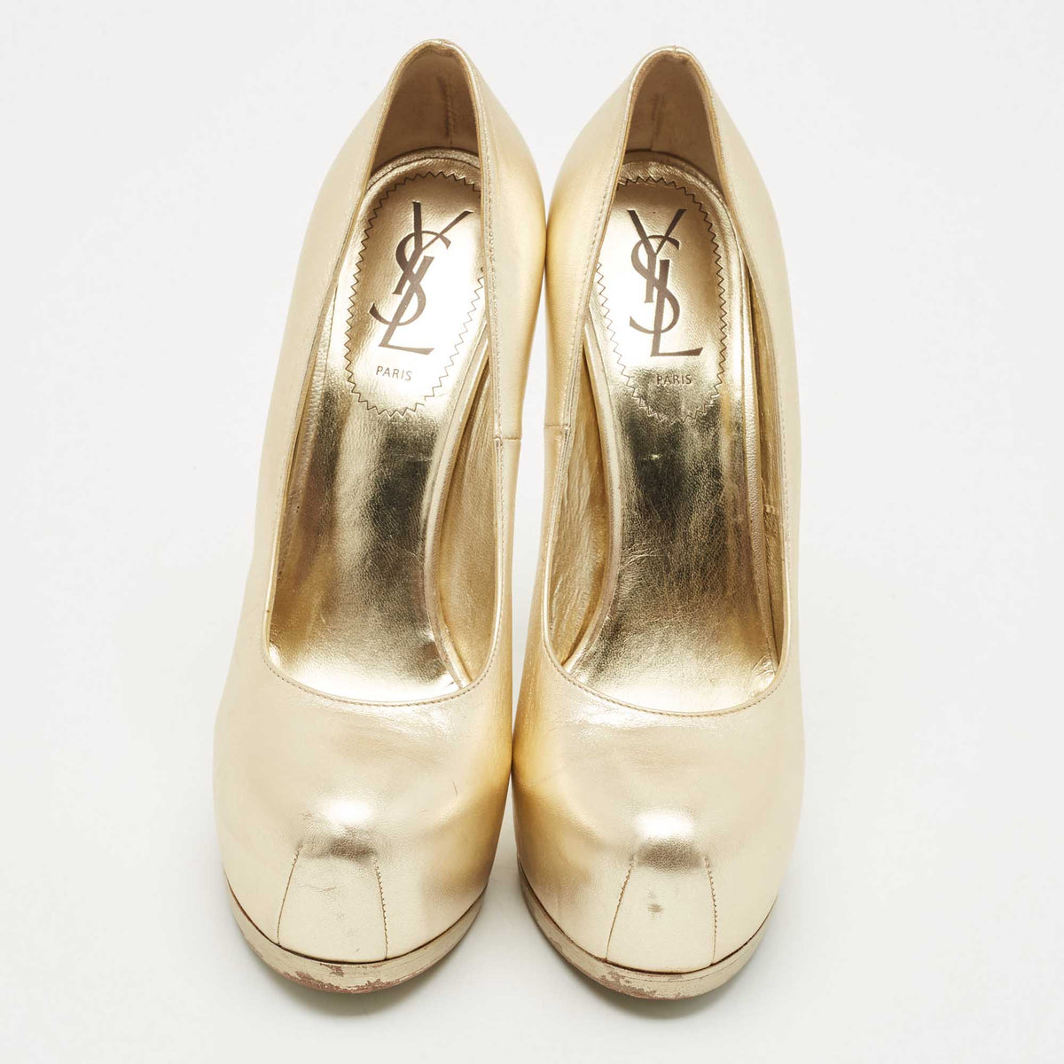 Saint Laurent Paris Tribtoo Size 38.5 Gold Leather Platform Pumps