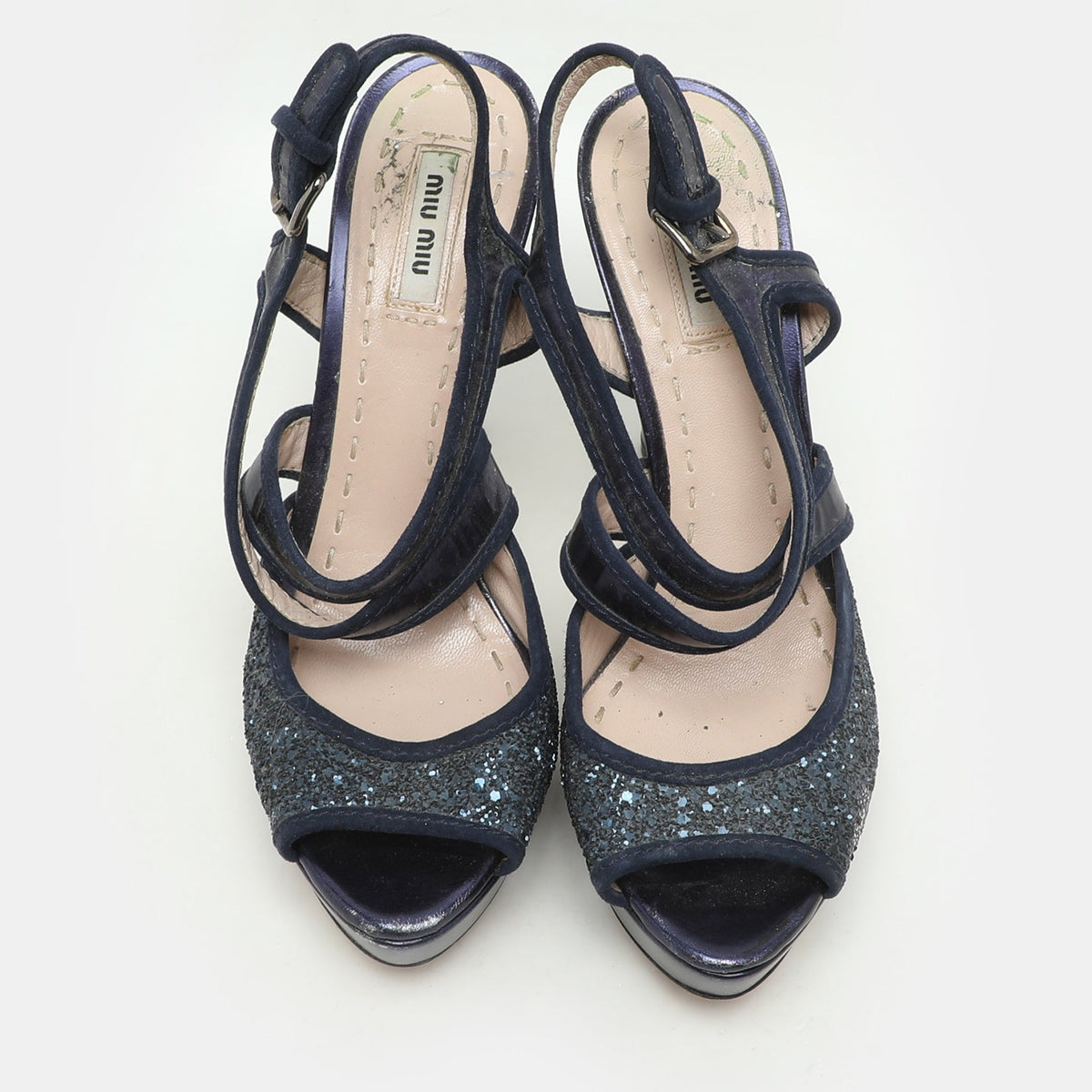 Miu Miu Size 38.5 Blue Glitter and Velvet Ankle Strap Sandals