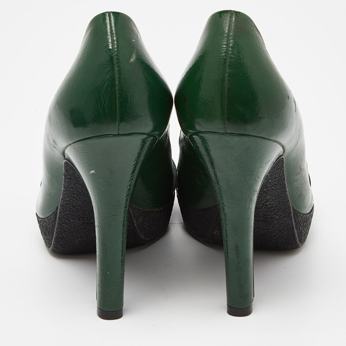 Gucci Green Patent Leather Horsebit Peep Toe Pumps Size 36