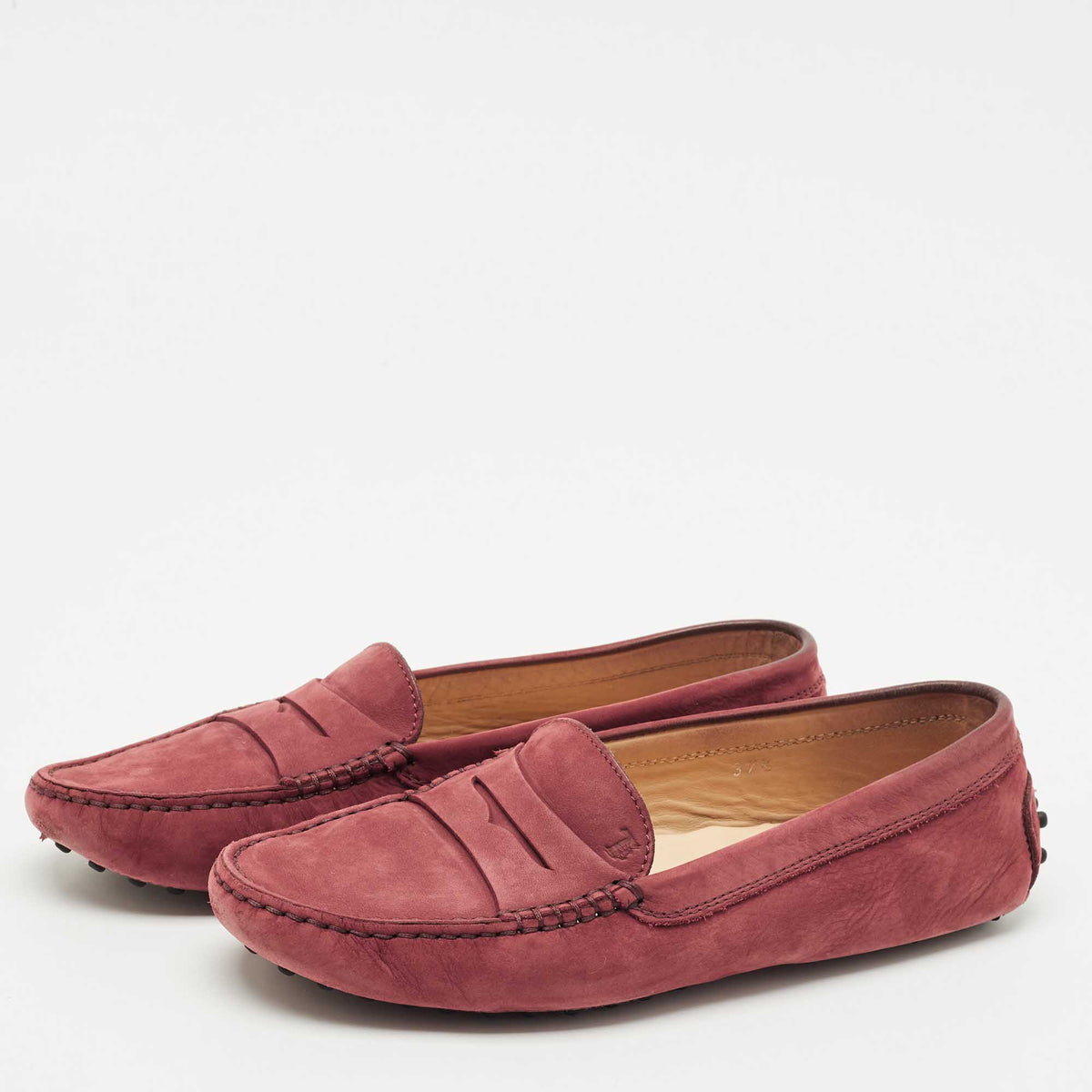 Tod's Size 37.5 Burgundy Nubuck Leather Penny Loafers