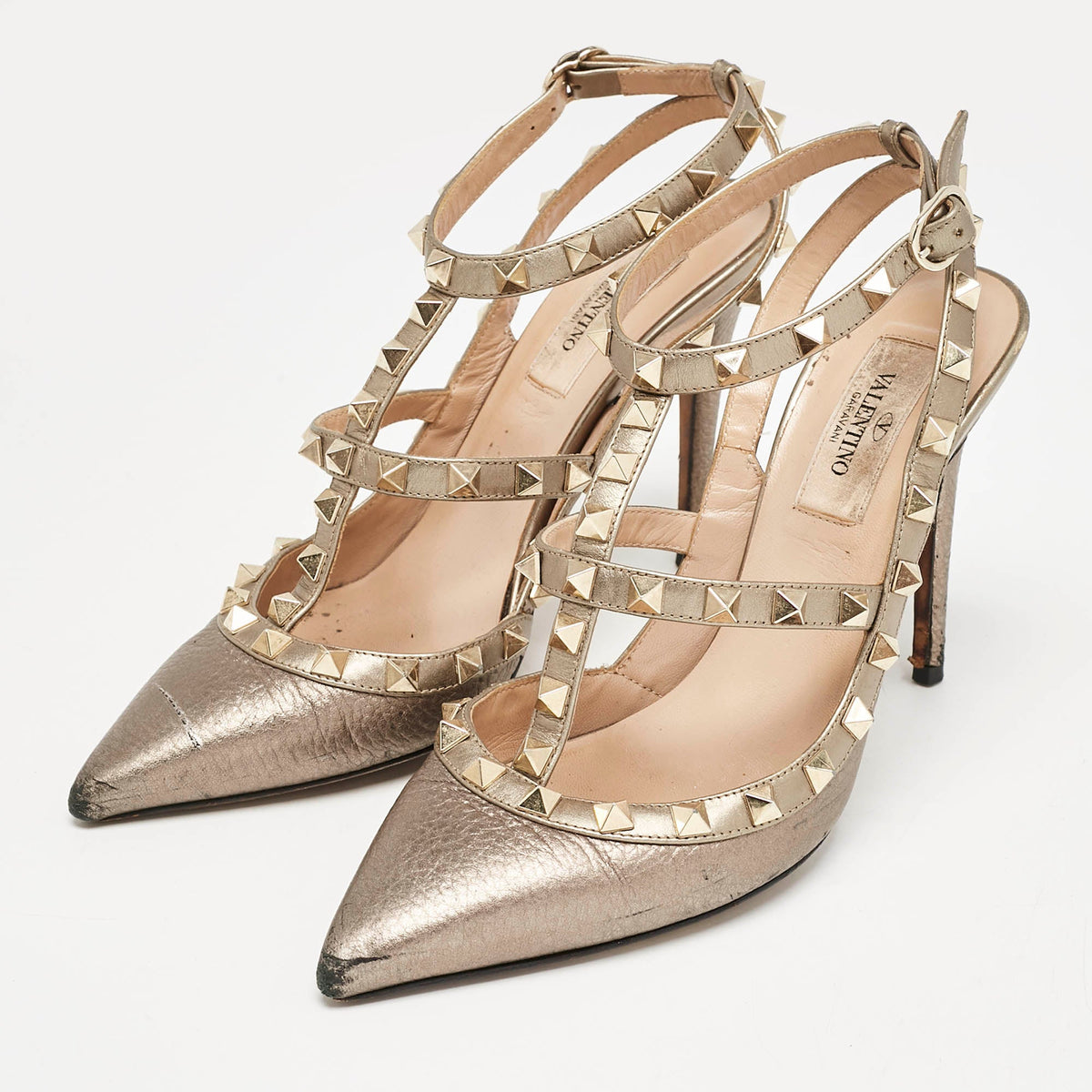 Valentino Metallic Grey Leather Rockstud Caged Ankle Strap Pumps Size 37
