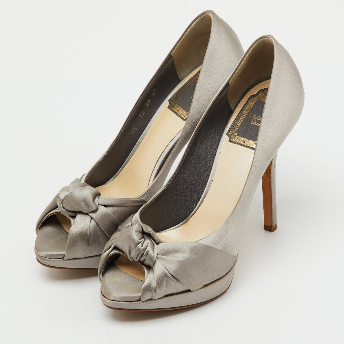 Dior Light Grey Satin Knotted Peep Toe Platform Pumps Size 36